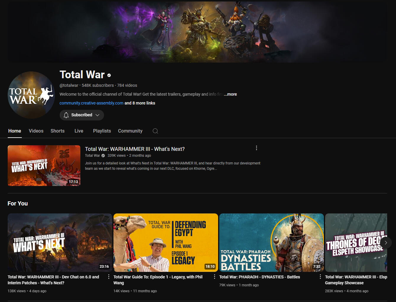 Total War Official YouTube Channel - Managed the official Total War YouTube channel with 500,000+ subscribers. Led collaboration with the video team, overseeing content production, titles, descriptions, design and community engagement